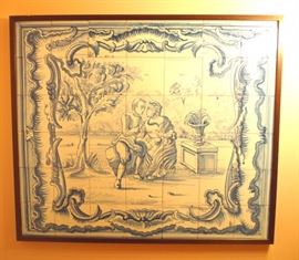 Lot 51: A European tile panel. Comprising 42 pottery tiles painted with a courting couple in garden setting. Signed lower right. Good condition. Within a wood frame, 40 x 34 1/4" high overall. ESTIMATE $200-300