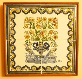 Lot 70: A European tile panel. Four pottery tiles painted with exotic birds flanking a flowering urn, probably Italian. Illegibly signed lower right. Within an oak frame, 12 x 11 3/4" high overall. Good condition. ESTIMATE $100-200