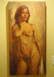 Lot 52: A contemporary oil on canvas depicting a standing nude. Illegibly signed lower left, possibly "Derby". Not framed. Good condition. 18 x 36" high. ESTIMATE $200-300