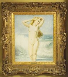 Lot 24: Emile (Victor Augustin) Delobre, French, 1873-1956. Oil on board depicting a nude bather. Unsigned, with a Wentworth Gallery label and certificate affixed to the reverse. Good condition. Image 19 x 24", in a Rococo style frame with engraved plaque, 30 x 34" high overall. ESTIMATE $600-800