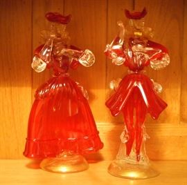 Lot 80: A pair of Murano glass figures. A gentleman and lady, red trimmed in clear with gold flecks. 12" high. Good condition. ESTIMATE $100-200