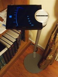 Lot 14: A Bang & Olufsen digital music server and speakers. Including 1 BeoMaster 5 digital music server (Type #1758, Item #1175866, Serial #22472301); 2 speakers on stand; 1 Bang & Olufsen audio stand with LED display, on floor stand (Item #1219189, Serial #21996680). Together with 2 Bang & Olufsen wall mounted speakers (in the bedroom) with 1 remote. Good, used condition. ESTIMATE $1,000-2,000