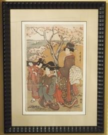 Lot 57: After Kitagawa Utamaro, Japanese, 1753-1806. Numbered print after Utamaro's ukiyo-e woodblock entitled "Cherry-viewing at Gotenyama", depicting two women and a girl with doll beneath blossoming trees. Signed in the image, numbered 7/100 in the lower left margin. Not examined out of the frame. Good condition. Image 13 1/2 x 20", under glass with fabric mat in a contemporary frame, 23 x 30" high overall. ESTIMATE $200-300