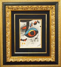 Lot 18: Joan Miro, Spanish, 1893-1983.  Limited edition lithograph on paper for the World Federation of United Nations Associations (WFUNA) 1980 UN Peace-keeping Operations with a United Nations Geneva stamp.  Signed "Miro" lower right, numbered 855/1500.  With authentication on the reverse dated May 16, 1980.  Condition appears to be good.  Image 8 x 10 1/2", framed 23 1/2 x 26 1/2" high overall.  ESTIMATE $500-1,000