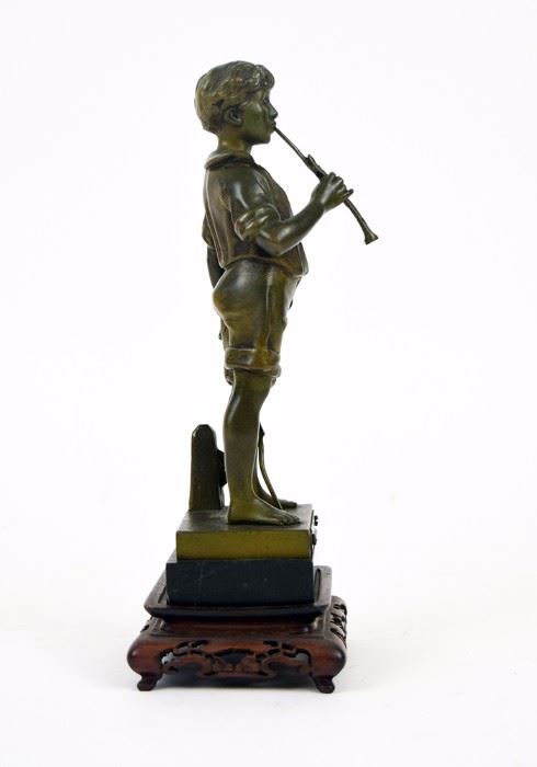 Bronze figure, Young Boy Playing Flute, European, marble base w/carved wood stand                          
~ 8.5 x 3.5 x 3 inches