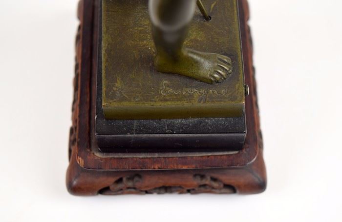 Bronze figure, Young Boy Playing Flute, European, marble base w/carved wood stand                          
~ 8.5 x 3.5 x 3 inches