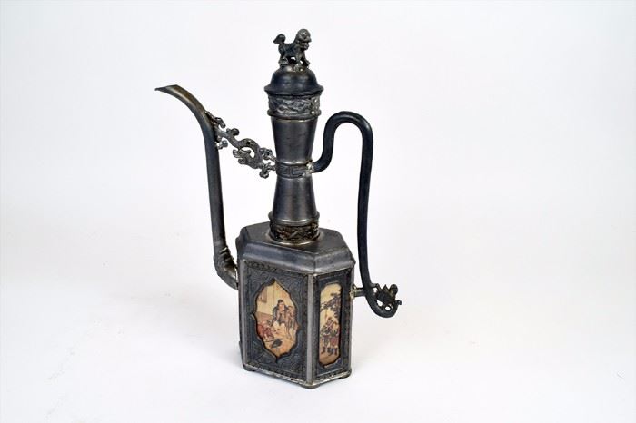 Pewter Tea Pot, body cased w/painted screens under glass, Japanese                                                                    ~ 12.25 x 10 x 3 inches