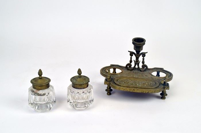 Double Ink Well w/Candle holder, brass and glass, mid to late 19th C.                                                                        ~ 5.25 x 7 x 5.5 inches
