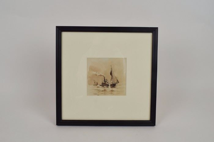 Sepia wash drawing, American, Tug & Schooner, Reynolds Beal (1867-1951) signed and dated R. Beal 1890