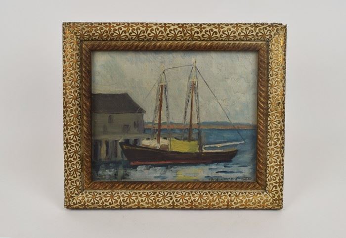 Oil on board, American, Sailboat at Dock, Mary Clements Yates, (B. 1891), Signed L.R.