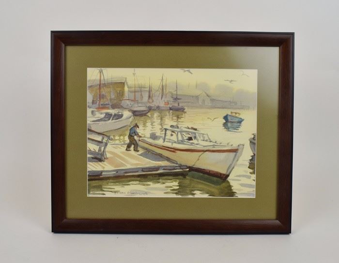 Australian watercolor, Boats in a Harbor, Joseph Margulies (1896-1984) 