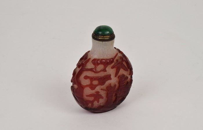 He Tian White Jade Snuff Bottle with Peking Glass overlay.