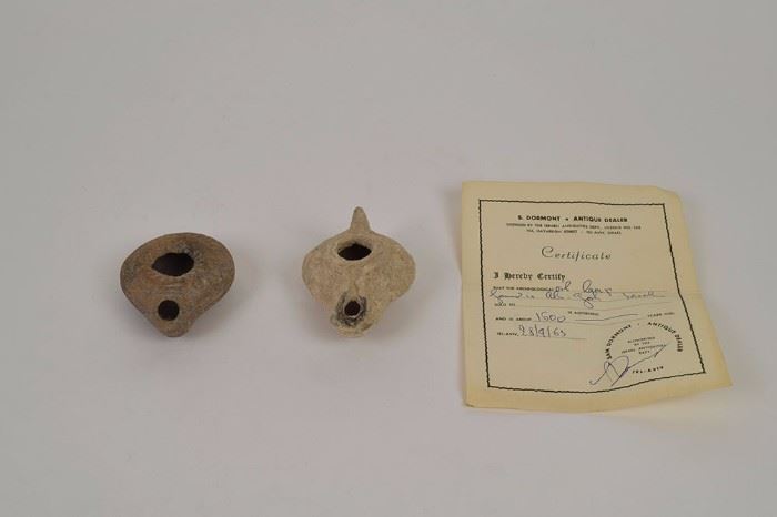 Lot of 2 Antique Clay Oil Lamps (2), 1 with certificate of authenticity
