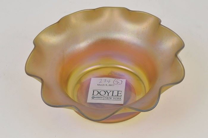 Tiffany Gold Favrile Glass Bowl w/rippled edge, signed "1924" "L.C.T. -Favrile"
