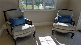 Herringbone Upholstered Club Chairs with Decorative Wood Backs (original purchase price $2,807 each) $550 each