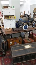 awesome leather luggage with decals....child size hutch, Play Day pedal car, unusual 1890s travel trunk