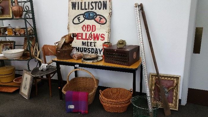 metal Oddfellows sign....metal spool cabinet...pheasant mount...hanging scale...baskets...oar....more