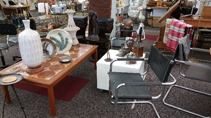 fantastic mid century items - Danish tile top cocktail table and fab mid cen pottery lamps