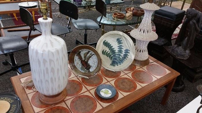  Danish tile top cocktail table and fab mid cen pottery lamps