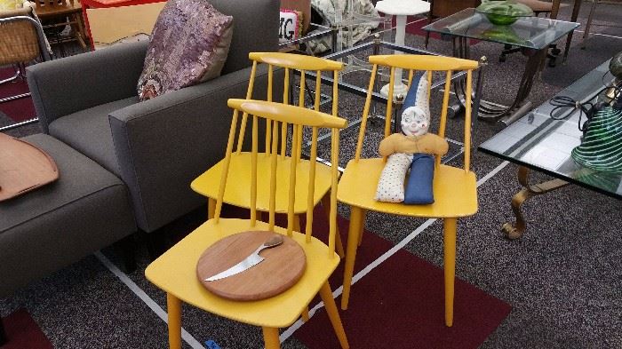 set of 3 Made in Denmark chairs.  yes, they certainly are quite yellow!  Dansk cutting board