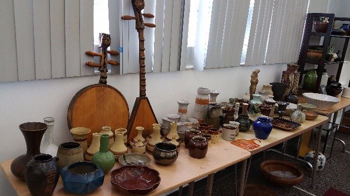 lots of studio pottery....fantastic musical wall hangings