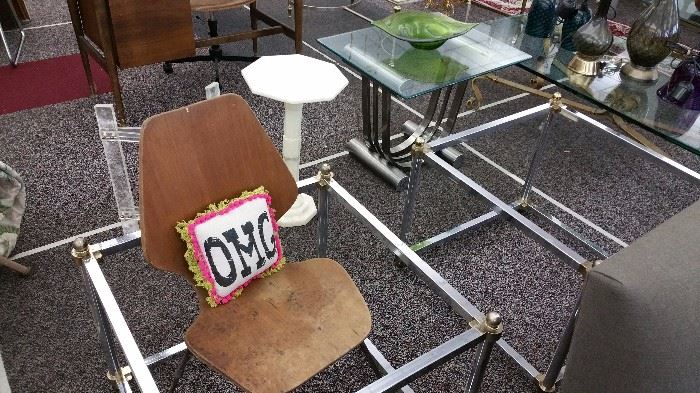 metal table frames sans glass....mid cen plywood chair in need of love....