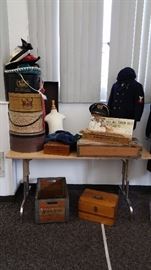 vintage hat boxes...milk crate....wooden boxes....uniform hats...childs "military" jacket...small mannequins