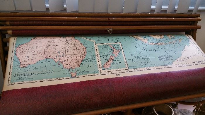 set of 7 vintage wall maps.  sold as a group in the frame, but can be removed and used separately - NICE