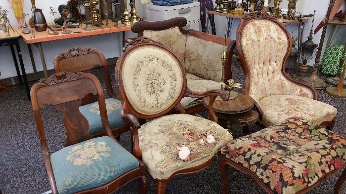 the Victorian neighborhood....2 needlepoint seat side chairs....Victorian style arm chair with tattered and oh so chic upholstery!  Needlepoint ottoman....Victorian style 'Slipper Chair'......Empire side chair....  great pieces at great prices - for you to redo!