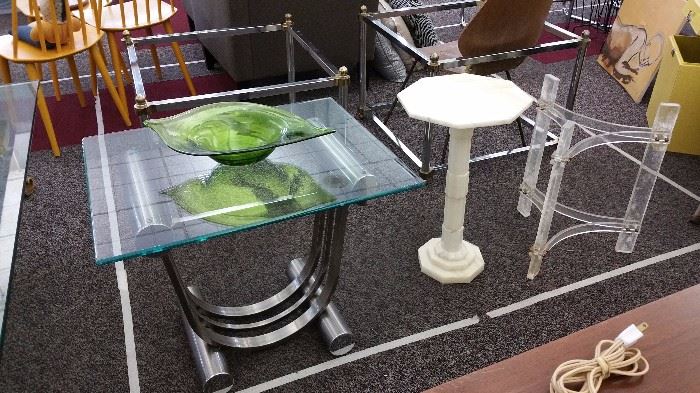 retro glass top side table....italian glass bowl....marble 'drinks' table....lucite base
