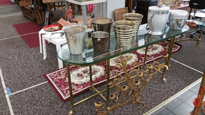 La Barge glass top sofa table, complete with little hoofed feet.... brass base with thick plate glass top... more photos coming...