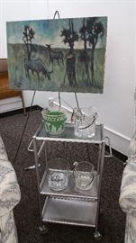 stainless rolling bar cart with ice buckets....dated 1969 original oil painting