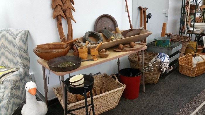 munising wooden bowls, dough trough, baskets, cast iron pans, pot rack, vintage tin molds, mortar & pestels