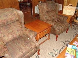 Pair of wing back chairs and side table