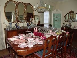 Large mirror, Cloisonne urns, cut glass, Delft, English epergne