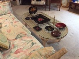 Beachy rattan set & enamel & toleware items on table