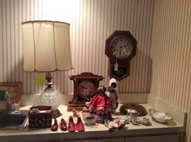2 nice old clocks, Seminole doll, Alaskan doll, hand painted old box, baby/doll leather shoes