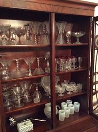 Lovely old stemware, opalescent hobnail/ moonstone pitcher & cups, silver punch ladle 