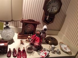 Dolls, Hummels, Nippon,8 day mantle & wall clocks, etc