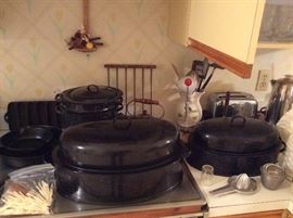 Graniteware roasters, cast iron skillets, vintage toaster