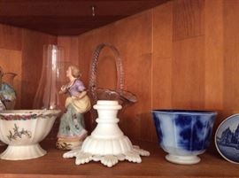 Flow blue, milk glass candle holder, figurines, bride baskets