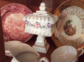 Westmoreland h.p. Milk glass, historical transferware, gilt colonial platter 