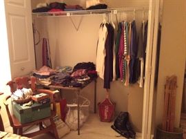 Maple chair, men's clothing, ice skates in original box