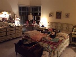 Master bedroom with blonde furniture suite, lovely dolls & linens etc