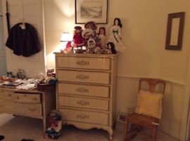 Old Birdseye maple rocker, blonde furniture & dolls