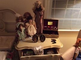 Dolls, side table, costume jewelry