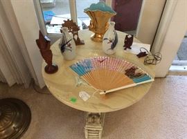 Fan, perfume bottle in wood, gold with aqua interior vintage vase, 2 little Buddhas, pair Japan vases, Japan carving