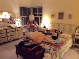 Light bedroom suite. Room full of dolls & lovely linens etc