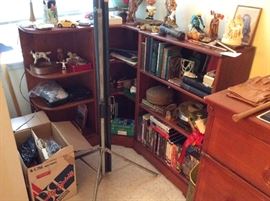 Angled maple book shelf, projector screen, nest male interest items