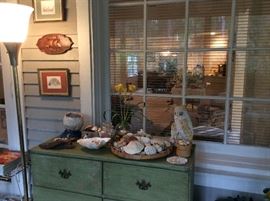 Green shabby chest of drawers & nautical items